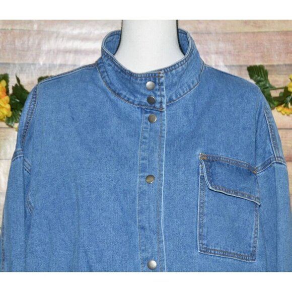 Wishlist Oversized Blue Denim Snap Button Front Jean Jacket Size S/M Belted - Picture 2 of 14